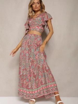 Różowy Wiskozowy Komplet 2-Częściowy w Print Paisley Długa Spódnica i Kopertowy Top Aeodosia