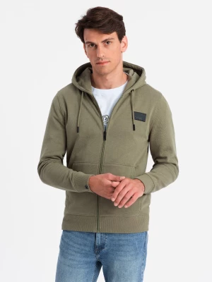 Rozpinana bluza męska dresowa z kapturem i patchem – oliwkowa V4 OM-SSZP-0140
 -                                    S Ombre