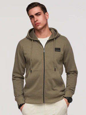 Rozpinana bluza męska dresowa z kapturem i patchem – oliwkowa V4 - Rozmiar: XXL Ombre Clothing oliwkowy