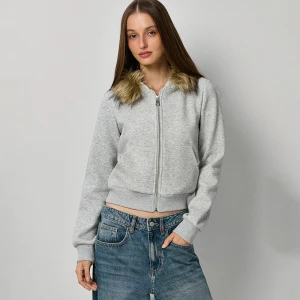 Rozpinana bluza slim fit z kapturem i odpinanym futerkiem szara House