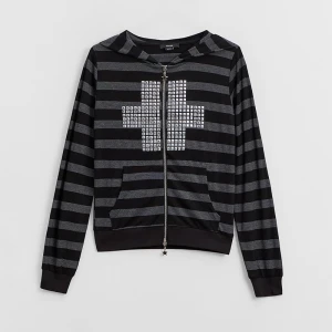 Rozpinana bluza w czarno-szare paski z kapturem i nitami House