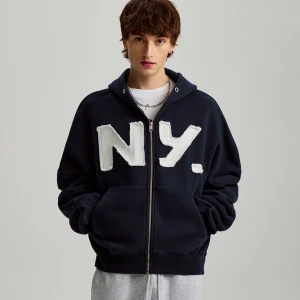 Rozpinana bluza z kapturem i naszywką NY granatowa House