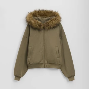 Rozpinana bluza z kapturem i odpinanym futerkiem oliwkowa House