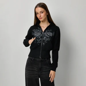 Rozpinana czarna bluza z kapturem i nadrukiem w stylu Y2K House