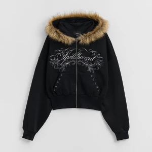 Rozpinana czarna bluza z kapturem z futerkiem i nadrukiem Spellbound House