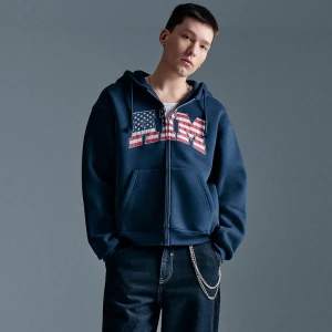 Rozpinana granatowa bluza z kapturem i naszywką AIM House