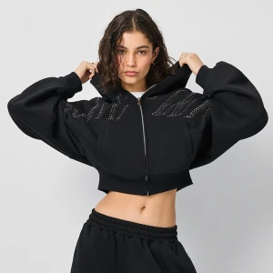 Rozpinana krótka bluza z kapturem i napisem z dżetów czarna House