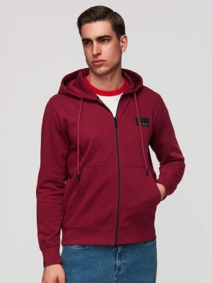 Rozpinana męska bluza dresowa z kapturem i naszywką – czerwona V3 - Rozmiar: L Ombre Clothing