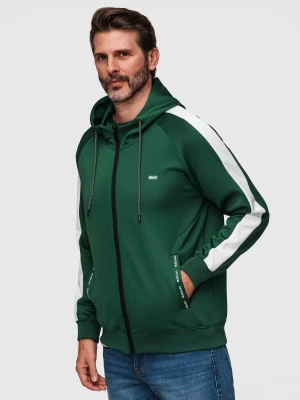 Rozpinana męska bluza z kapturem i lampasami - ciemnozielona V7 - Rozmiar: XXL Ombre Clothing ciemnozielony