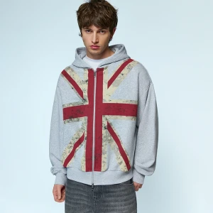 Rozpinana szara bluza z kapturem i nadrurkiem flagi UK House