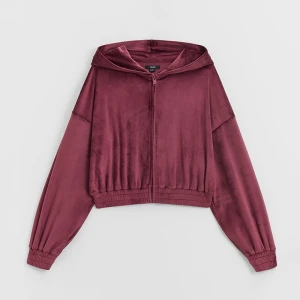 Rozpinana welurowa bluza z kapturem bordowa House