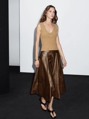 Rozszerzana Spódnica Średniej Długości Ze Skóry Nappa - Brązowy - - Massimo Dutti - Kobieta