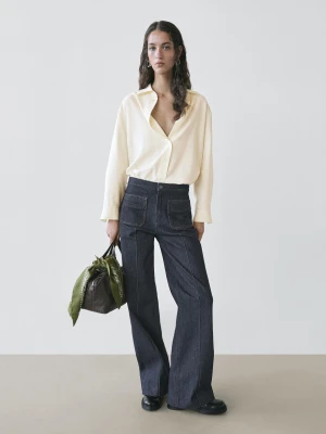 Rozszerzane Jeansy Z Wysokim Stanem Z Kieszeniami - Ciemnoniebieski - - Massimo Dutti - Kobieta