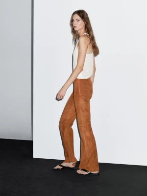 Rozszerzane Zamszowe Spodnie Skórzane - Wielbłądzi - - Massimo Dutti - Kobieta
