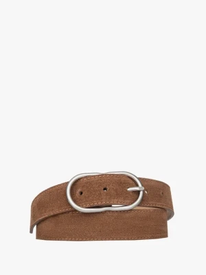 Rudy welurowy pasek damski ze srebrną klamrą Ryłko