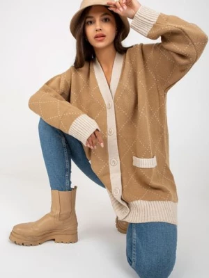 RUE PARIS Camelowy sweter rozpinany ze wzorem