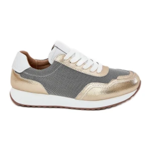 S.Barski Skórzane Buty Sportowe Sneakersy Damskie LR51-847 Złote złoty