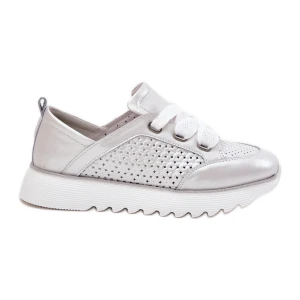 S.Barski Skórzane Sneakersy Damskie Na Platformie LR51-796 Srebrne srebrny