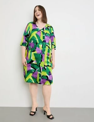 SAMOON Damski Sukienka koszulowa do kolan z rękawem 3/4 Półrękawek w serek Zielony Wzorzysty