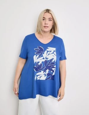 SAMOON Damski T-shirt z kwiatowym nadrukiem z przodu 72cm krótkie w serek Niebieski Gerry Weber