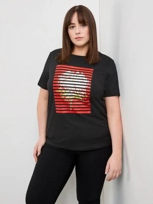 SAMOON Damski T-shirt z nadrukiem z przodu 68cm krótkie Okrągły, Czarny Gerry Weber