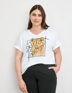 SAMOON Damski T-shirt z nadrukiem z przodu 68cm Obniżone ramiona w serek Biały Gerry Weber