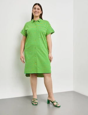 SAMOON Damski T-shirtowa sukienka w prążki z bawełnianego dżerseju krótkie kołnierzyk koszulowy Zielony W paski