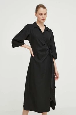 Samsoe Samsoe sukienka z domieszką lnu SAHANI kolor czarny midi rozkloszowana F24100086