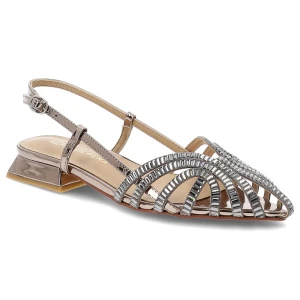 Sandały damskie Alma En Pena, cholewka ze skóry ekologicznej z ażurowym wykończeniem ozdobionym błyszczącymi kryształkami zapięcie na pasek wokół pię