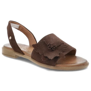 Sandały damskie Armodo, cholewka ze skóry naturalnej zamszowej odkryta konstrukcja z szerokim pasem ozdobnym motywem kwiatowym stabilna niska podeszw