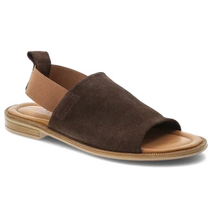 Sandały damskie Artiker, cholewka ze skóry naturalnej zamszowej szeroki pasek z przodu na płaskiej podeszwie, brązowe, 58C2170