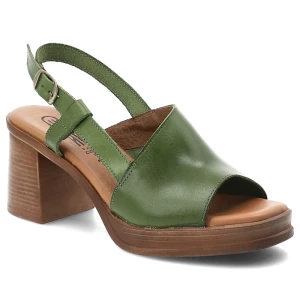 Sandały damskie Hee, cholewka skóra naturalna otwarty przód regulowany pasek zapięcie na sprzączkę odkryta pięta stabilny obca, zielone, 26544