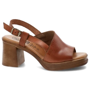 Sandały damskie Hee, cholewka skóra naturalna otwarty przód regulowany pasek zapięcie na sprzączkę odkryta pięta stabilny obcas, brązowe, 26544