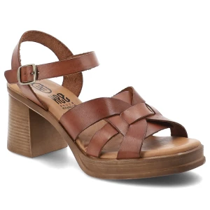 Sandały damskie Hee, cholewka skóra naturalna plecione paski regulowany pasek zapięcie na sprzączkę stabilny obcas, brązowe, 26548