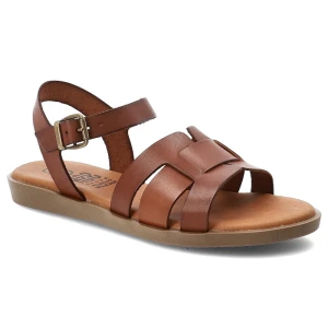 Sandały damskie Hee, cholewka skóra naturalnaszerokie paski regulowany pasek zapięcie na sprzączkę odkryty nosek płaska podeszwa, brązowe, 26363