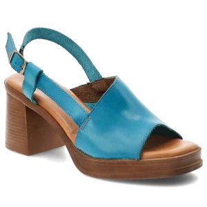 Sandały damskie Hee, cholewka ze skóry naturalnej otwarty przód zapięcie na sprzączkę odkryta pięta stabilny obcas, niebieskie, 26544