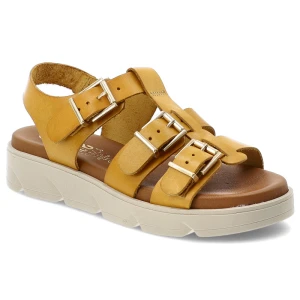 Sandały damskie Hee, cholewka ze skóry naturalnej paski z regulacją na klamry grubsza podeszwa casualowy styl, żółte, 26100