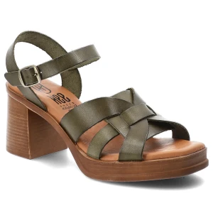 Sandały damskie Hee, cholewka ze skóry naturalnej plecione paski regulowany pasek zapięcie na sprzączkę odkryty nosek, zielone, 26548