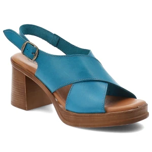 Sandały damskie Hee, cholewka ze skóry naturalnej zapinane na sprzączkę dobrze wyważony obcas, niebieskie, 26542