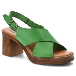 Sandały damskie Hee, cholewka ze skóry naturalnej zapinane na sprzączkę dobrze wyważony obcas, zielone, 26542