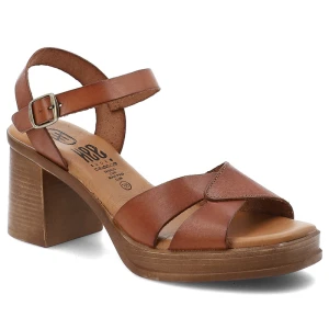 Sandały damskie Hee, skórzana cholewka odkryty nosek stabilny obcas masywna platforma, brązowe, 26543