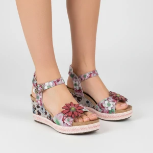 Sandały damskie Laura Vita, ze skóry naturalnej i podwyższona podeszwa na koturnie z plecionym wykończeniem, różowe, Facyo 75 AC1198-75 Lilas