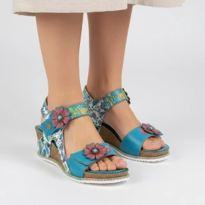 Zdjęcie produktu Sandały damskie Laura Vita, ze skóry naturalnej z odkrytym przodem i wielokolorowe wstawki z nadrukiem, niebieskie, Bonito 38 AS313-38 Turquoise