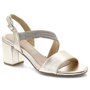 Sandały damskie Marco Tozzi, cholewka ze skóry ekologicznej zapinane na sprzączkę na wysokim obcasie, złote, 2-88300-46 940