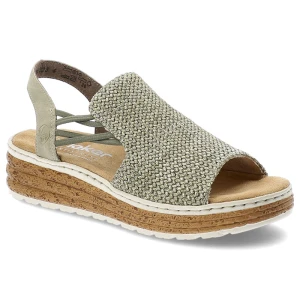 Sandały damskie Rieker, cholewka z materiału tekstylnego o plecionej strukturze odkrytą piętą na lekkiej platformowej podeszwie, zielone, 62741-52