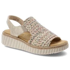 Sandały damskie Rieker, cholewka z materiału tekstylnego wsuwany fason na platformie, beżowe, 69276-60