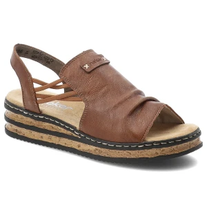 Sandały damskie Rieker, cholewka ze skóry ekologicznej elastyczne paski z tyłu na płaskiej podeszwie, brązowe, 62962-22
