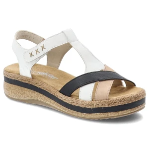 Sandały damskie Rieker, cholewka ze skóry ekologicznej paski krzyżujące się koturnowa podeszwa z plecionym akcentem, białe, V0919-81