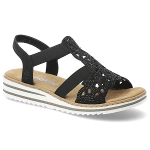 Sandały damskie Rieker, cholewka ze skóry ekologicznej z ażurowym wzorem elastyczne paski płaska podeszwa, czarne, V0646-00