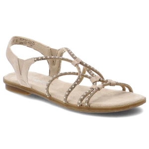 Sandały damskie Rieker, cholewka ze skóry ekologicznej z cyrkoniami na płaskiej podeszwie, brązowe, 64270-90